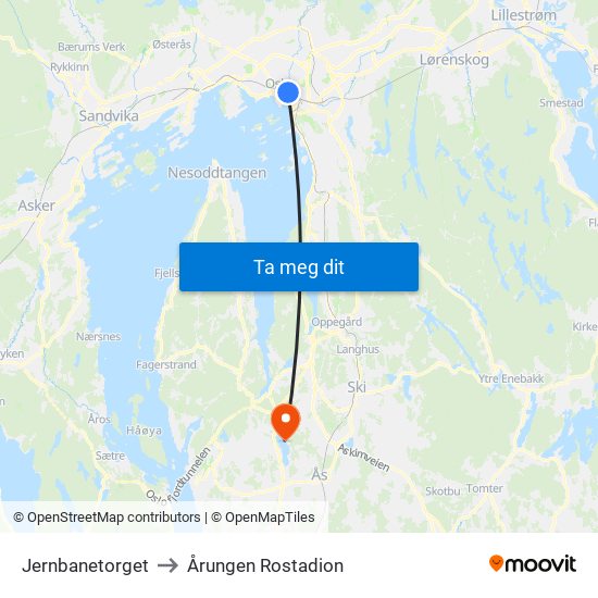 Jernbanetorget to Årungen Rostadion map