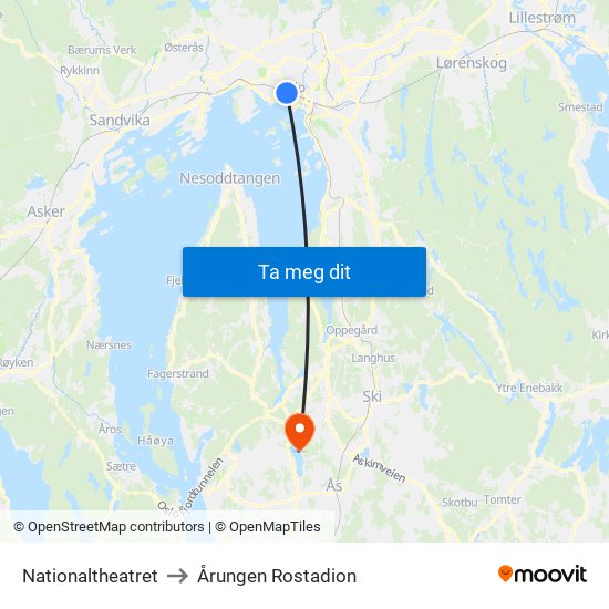 Nationaltheatret to Årungen Rostadion map
