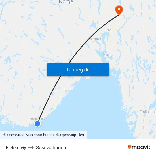 Flekkerøy to Sessvollmoen map