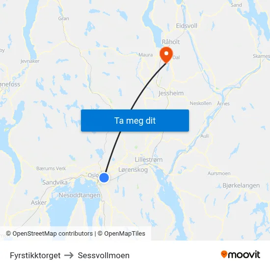 Fyrstikktorget to Sessvollmoen map