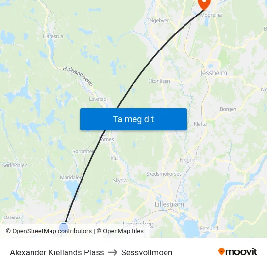 Alexander Kiellands Plass to Sessvollmoen map