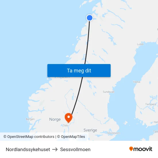 Nordlandssykehuset to Sessvollmoen map