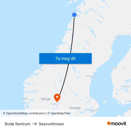 Bodø Sentrum to Sessvollmoen map