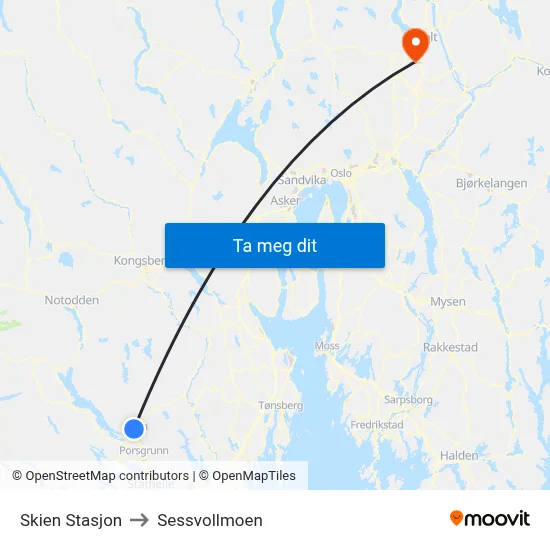 Skien Stasjon to Sessvollmoen map