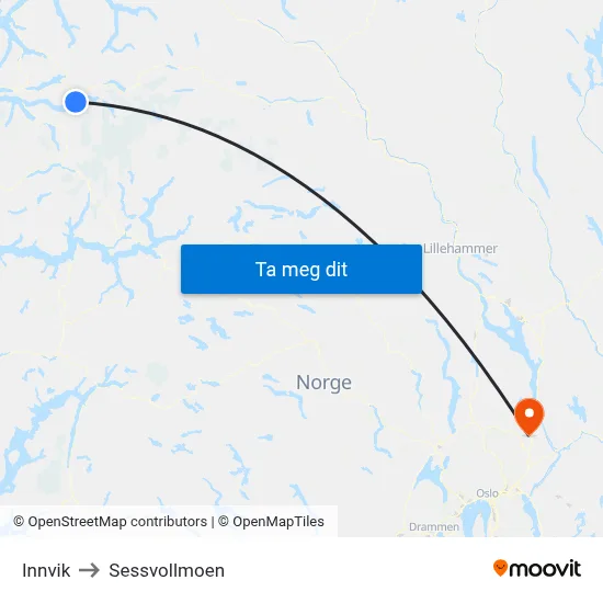 Innvik to Sessvollmoen map