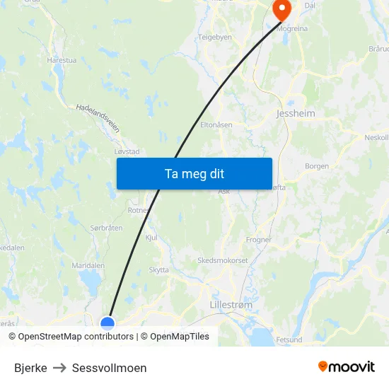 Bjerke to Sessvollmoen map