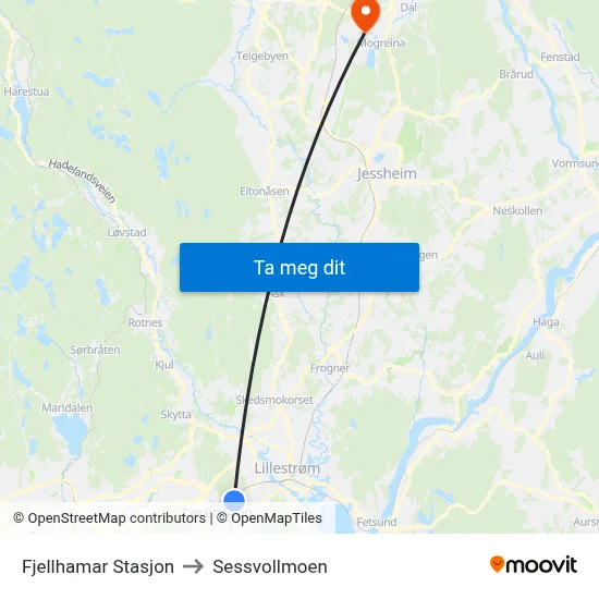 Fjellhamar Stasjon to Sessvollmoen map