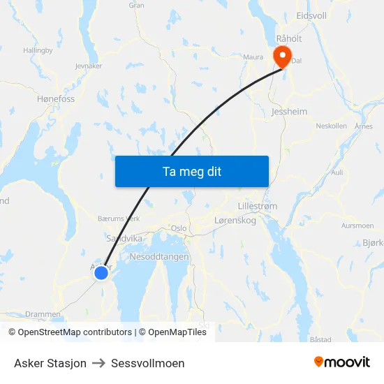 Asker Stasjon to Sessvollmoen map