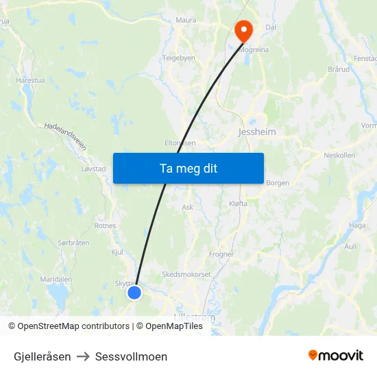Gjelleråsen to Sessvollmoen map