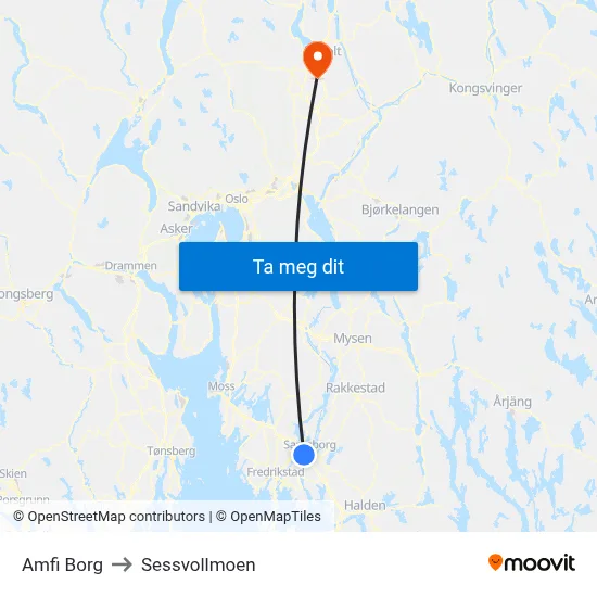 Amfi Borg to Sessvollmoen map