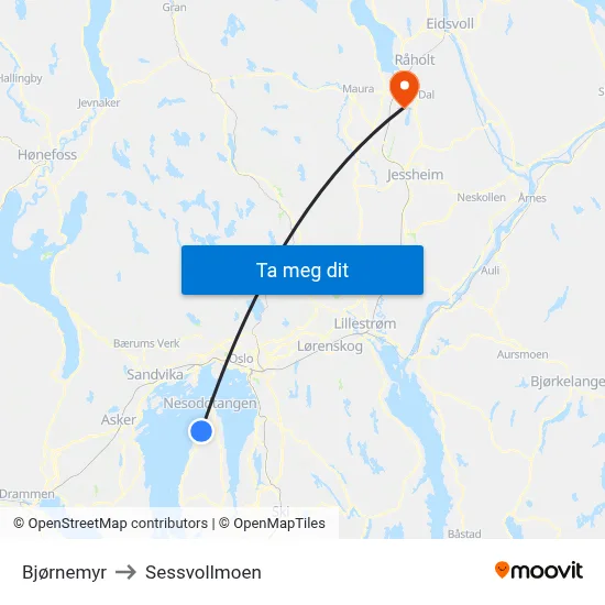 Bjørnemyr to Sessvollmoen map