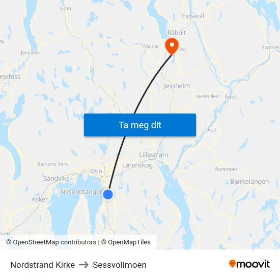 Nordstrand Kirke to Sessvollmoen map