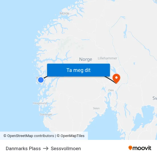 Danmarks Plass to Sessvollmoen map