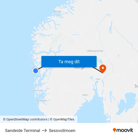 Sandeide Terminal to Sessvollmoen map