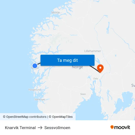 Knarvik Terminal to Sessvollmoen map