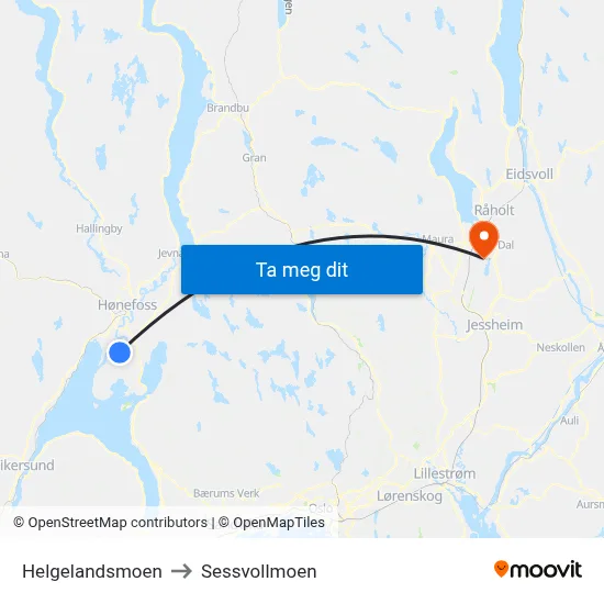 Helgelandsmoen to Sessvollmoen map