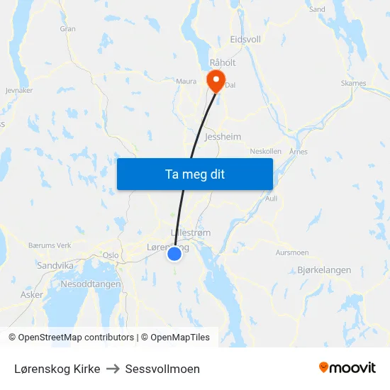 Lørenskog Kirke to Sessvollmoen map