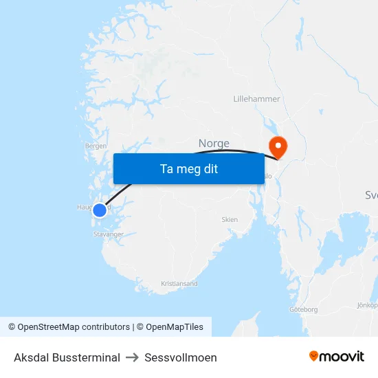 Aksdal Bussterminal to Sessvollmoen map