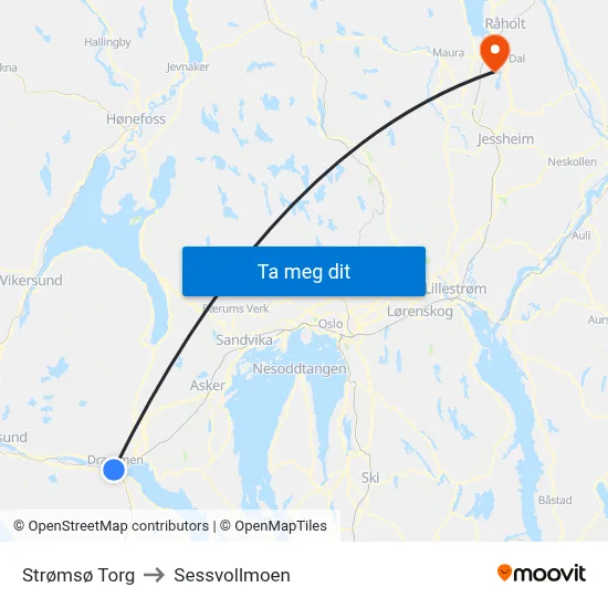 Strømsø Torg to Sessvollmoen map
