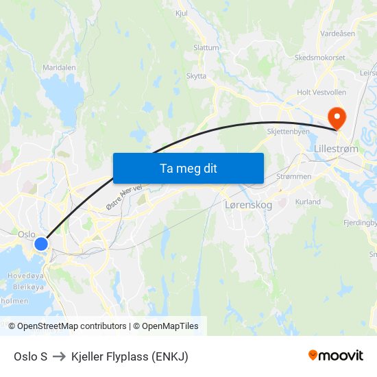 Oslo S to Kjeller Flyplass (ENKJ) map