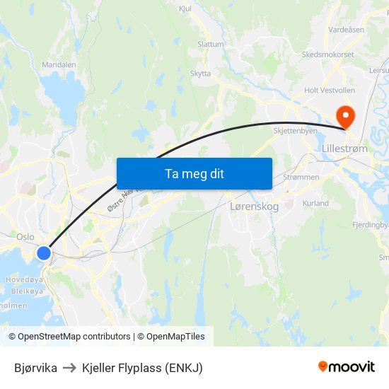 Bjørvika to Kjeller Flyplass (ENKJ) map