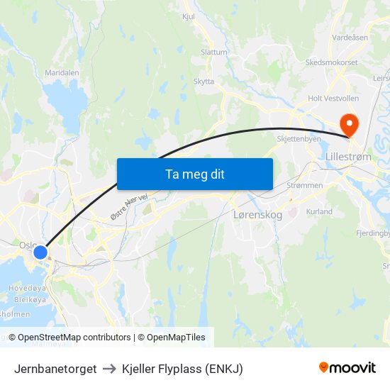 Jernbanetorget to Kjeller Flyplass (ENKJ) map