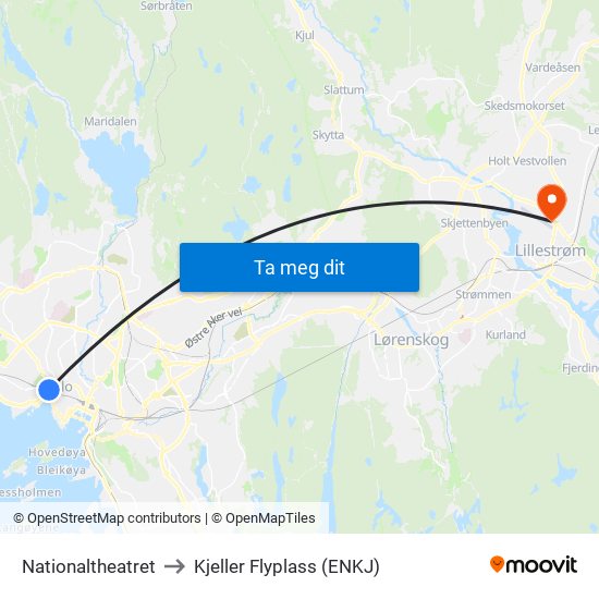 Nationaltheatret to Kjeller Flyplass (ENKJ) map
