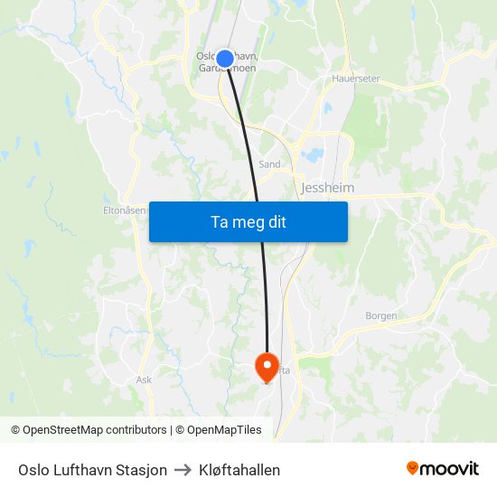 Oslo Lufthavn Stasjon to Kløftahallen map