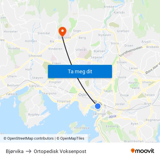 Bjørvika to Ortopedisk Voksenpost map