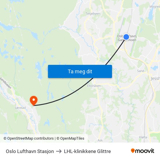 Oslo Lufthavn Stasjon to LHL-klinikkene Glittre map