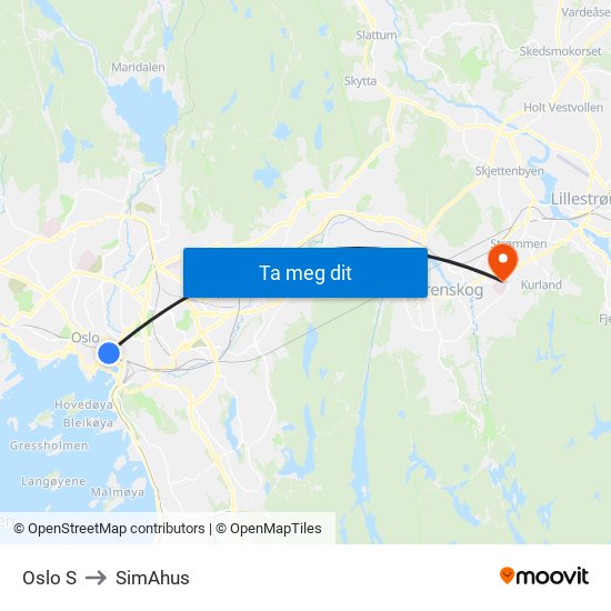 Oslo S to SimAhus map