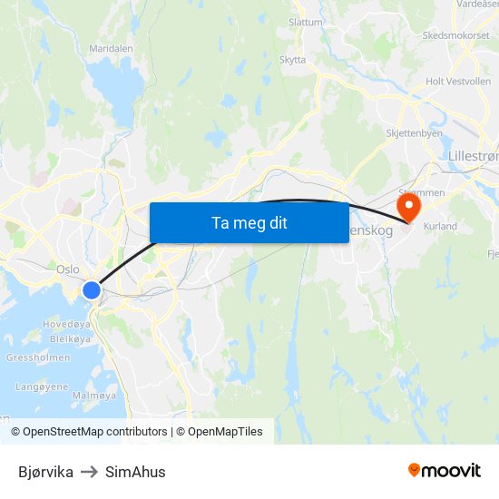 Bjørvika to SimAhus map