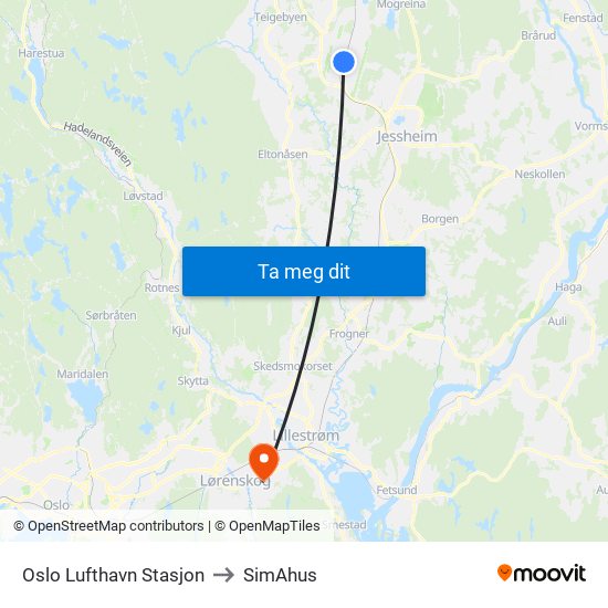 Oslo Lufthavn Stasjon to SimAhus map