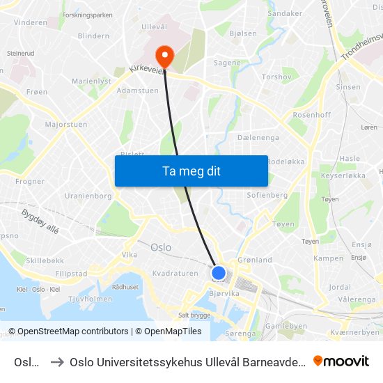 Oslo S to Oslo Universitetssykehus Ullevål Barneavdelingen map