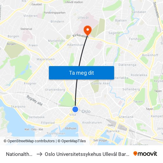 Nationaltheatret to Oslo Universitetssykehus Ullevål Barneavdelingen map