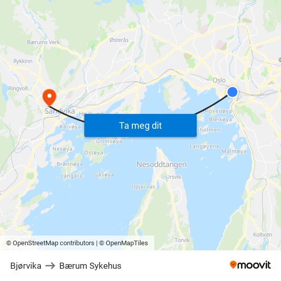 Bjørvika to Bærum Sykehus map