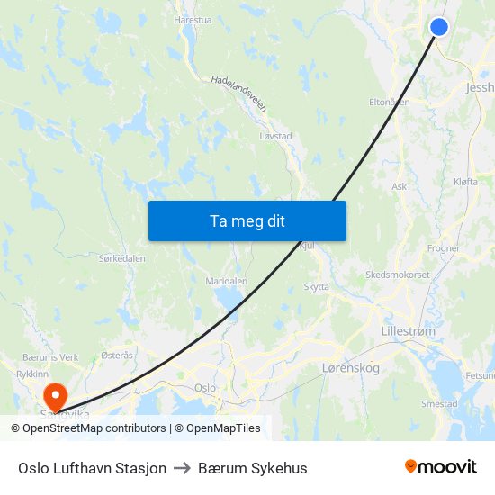 Oslo Lufthavn Stasjon to Bærum Sykehus map