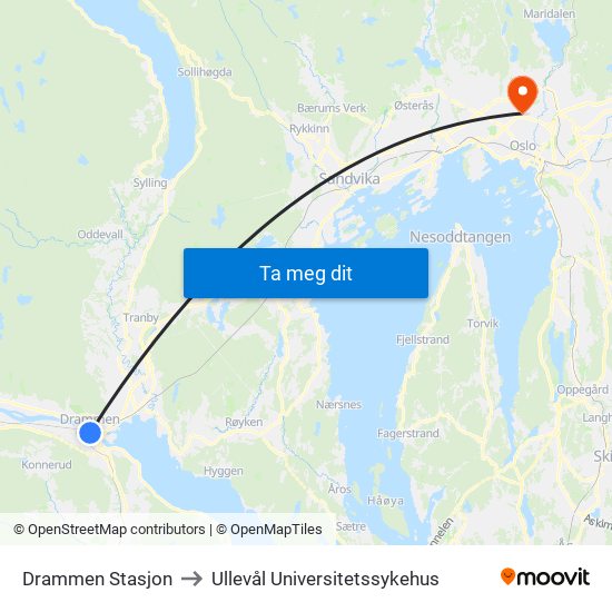 Drammen Stasjon to Ullevål Universitetssykehus map