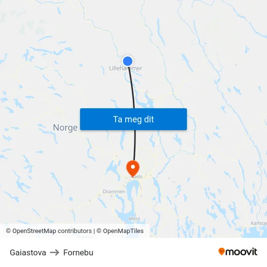 Gaiastova to Fornebu map