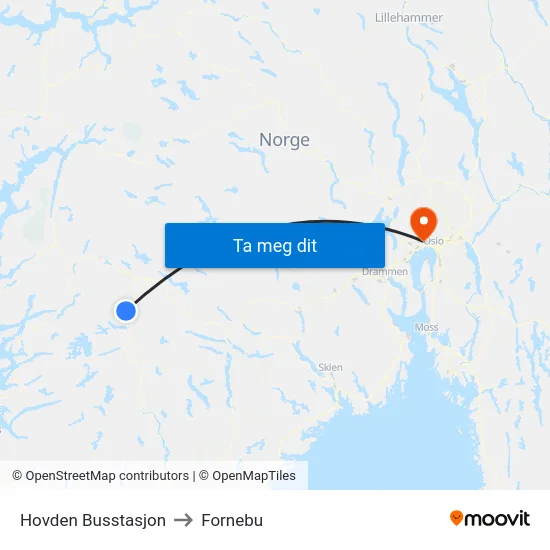 Hovden Busstasjon to Fornebu map