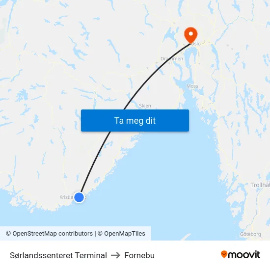 Sørlandssenteret Terminal to Fornebu map