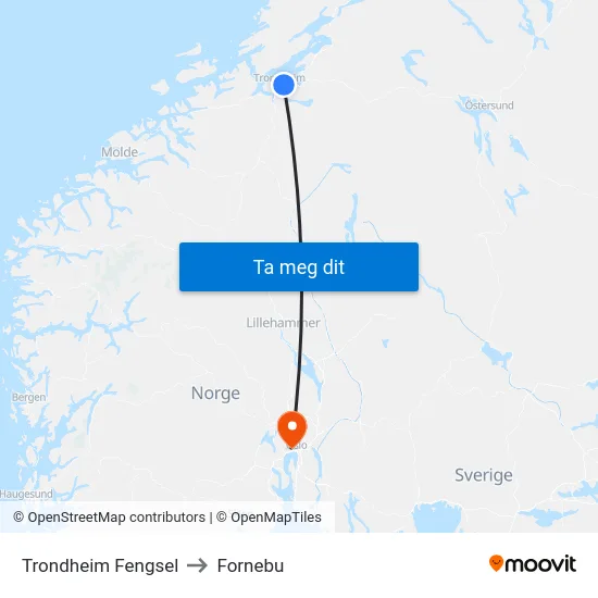 Trondheim Fengsel to Fornebu map