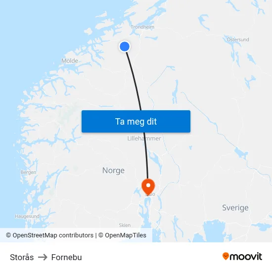 Storås to Fornebu map