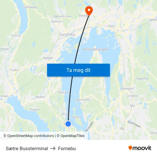Sætre Bussterminal to Fornebu map