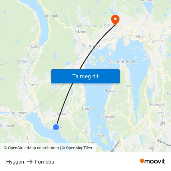 Hyggen to Fornebu map