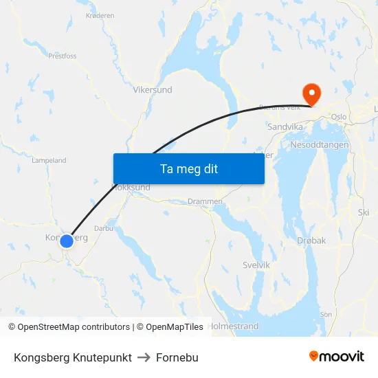 Kongsberg Knutepunkt to Fornebu map