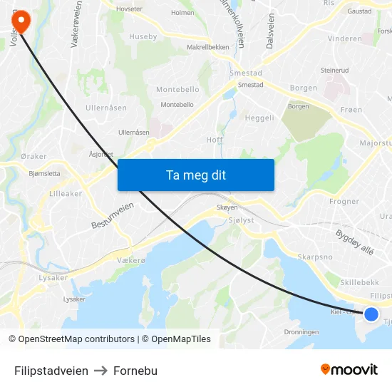 Filipstadveien to Fornebu map