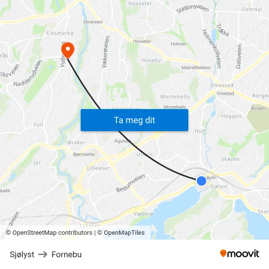Sjølyst to Fornebu map