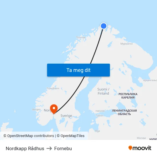 Nordkapp Rådhus to Fornebu map