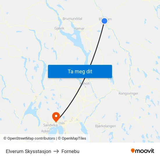 Elverum Skysstasjon to Fornebu map